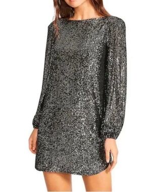 Steve Madden Medium Black Silver Sequin Party Dress Long Sleeve NWT